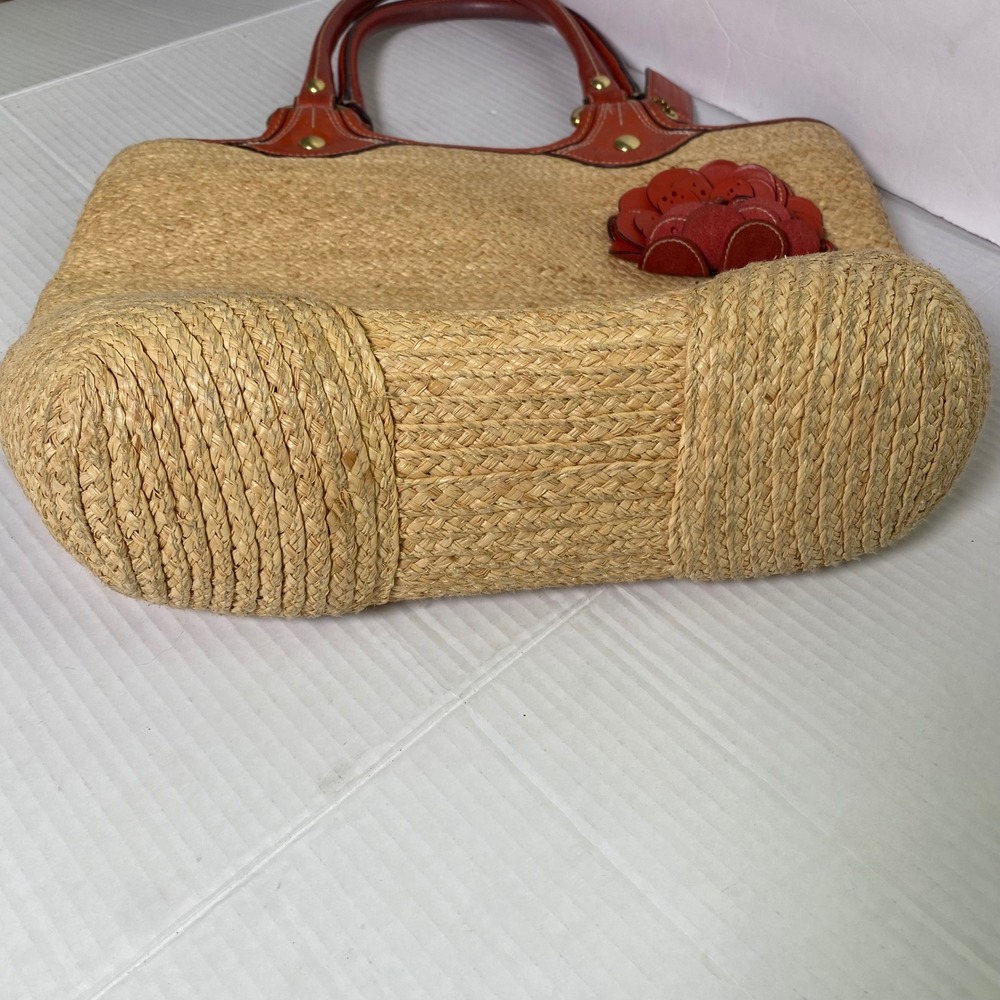 Coach Straw Leather Flower Tote Bag Beige Orange Summer Woven Beach Coastal Boho - Picture 14 of 15